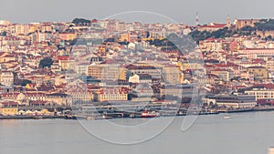 Aerial view of the Cais Do Sodre ferry terminal by the Tage river timelapse in Lisbon, Portugal