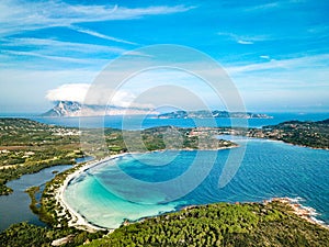Aerial view of Cala Brandinchi also called Tahiti for its beautiful sea and sandy beach. North Sardinia, Capo Coda Cavallo