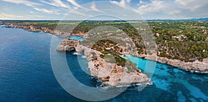 Aerial view, Cala d'es Moro, rocky coast at Cala de s'Almonia