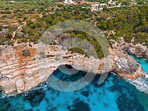 Aerial view, Cala d'es Moro, rocky coast at Cala de s'Almonia