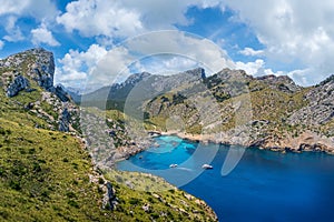 Aerial view of Cala Figuera on Cape Formentor in Mallorca bay, Spain