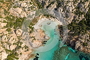 AERIAL VIEW OF CALA NAPOLETANA BEACH IN CAPRERA,SARDINIA