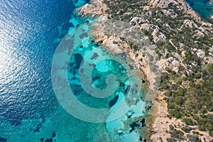 AERIAL VIEW OF CALA NAPOLETANA BEACH IN CAPRERA,SARDINIA