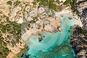 AERIAL VIEW OF CALA NAPOLETANA BEACH IN CAPRERA,SARDINIA