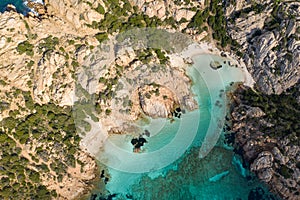 AERIAL VIEW OF CALA NAPOLETANA BEACH IN CAPRERA,SARDINIA