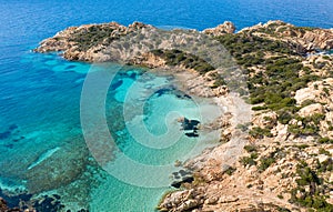 AERIAL VIEW OF CALA NAPOLETANA BEACH IN CAPRERA,SARDINIA