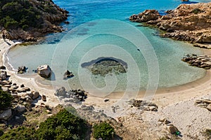 AERIAL VIEW OF CALA NAPOLETANA BEACH IN CAPRERA,SARDINIA