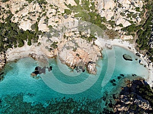 AERIAL VIEW OF CALA NAPOLETANA BEACH IN CAPRERA,SARDINIA