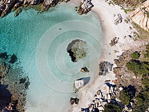 AERIAL VIEW OF CALA NAPOLETANA BEACH IN CAPRERA,SARDINIA