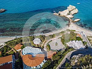 Aerial view of the Calabrian coast, cliffs overlooking the crystal clear sea and luxury villas. Riaci, Tropea, Italy