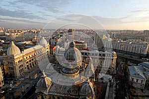 Aerial view of Calea Victoriei and CEC Palace in Bucharest