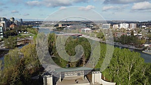 Aerial view of Calgary\'s skyline around Prince\'s Island