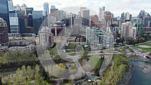 Aerial view of Calgary\'s skyline around Prince\'s Island