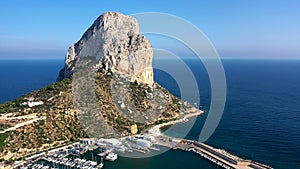 Aerial view of Calpe harbor and the PeÃ±on de Ifach, in Spain.