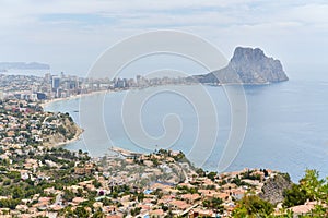 Aerial view Calpe and rocky mountain Penyal d`Ifac Natural Park, Costa Blanca. Spain