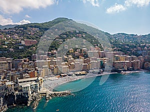 Aerial View of Camogli town in Liguria, Italy. Scenic Mediterranean riviera coast. Historical Old Town Camogli with colorful