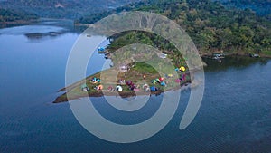 Aerial view, camp on the edge of a Sermo reservoir