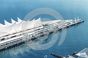 Aerial view of Canada Place in Vancouver on a sunny day