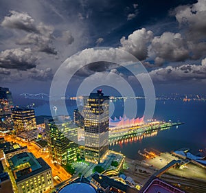 Aerial view of Canada Place in Vancouver at sunset, British Columbia