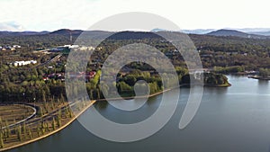 Aerial view of Canberra City, Australia, looking over Lake Burley Griffin