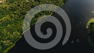 Aerial view of a canoe. Sport. Summer. Competition. Kayaks. Trees. Kiev. Ukraine.