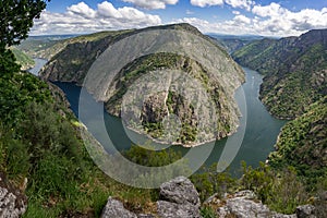 Aerial view of Canyons of the Sil river in the Ribeira Sacra zone of Galicia in springtime since Vilouxe viewpoint. Ourense, Spain
