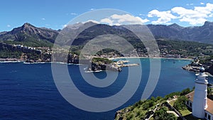 Aerial view of Cap Gros lighthouse located on a cliff in the vicinity of Port Soller, Mallorca