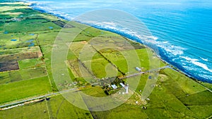 Aerial view on the Cape Egmont lighthouse on the coast of Tasman sea. Taranaki region, New Zealand