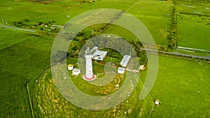 Aerial view on Cape Egmont lighthouse with farmland on the background. Taranaki region, New Zealand