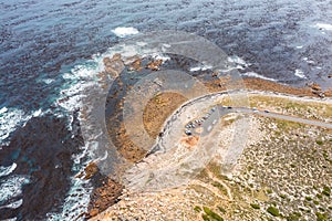 Aerial view of `Cape of Good Hope` The most south-western point of the African continent. Cars parking next to the famous sign