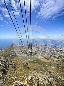 Aerial view of Cape Town city and Robben Island from the Table Mountain cable car