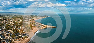 Aerial view of the Capitola beach town lighthouse in California