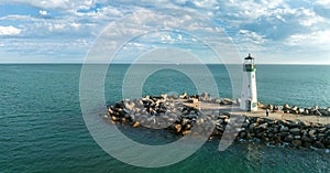 Aerial view of the Capitola beach town lighthouse in California