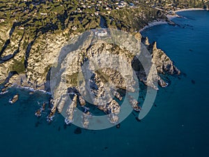 Aerial view of Capo Vaticano, Calabria, Italy. Ricadi. Lighthouse. Coast of the Gods. Promontory of the Calabrian coast