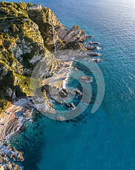 Aerial view of Capo Vaticano, Calabria, Italy. Ricadi. Lighthouse. Coast of the Gods. Promontory of the Calabrian coast