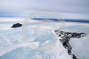 Aerial view of Captain Scotts Hut, Cape Evans, Antarctica