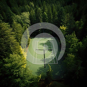 aerial view captures a tennis field nestled within a serene wooded area.