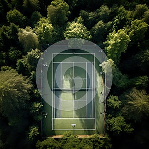 aerial view captures a tennis field nestled within a serene wooded area.