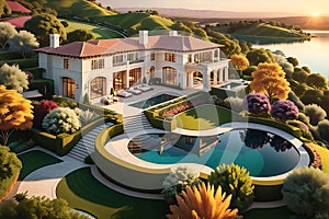 Aerial View Capturing a Luxury Estate During the Golden Hour - Sprawling Manicured Gardens and a Crystal-Clear Reflecting Pool