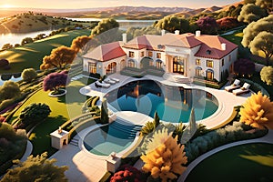 Aerial View Capturing a Luxury Estate During the Golden Hour - Sprawling Manicured Gardens and a Crystal-Clear Reflecting Pool