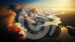 Aerial view capturing a massive wildfire's impact. AI generation photo