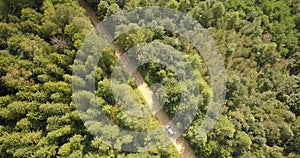 Aerial view of car driving on country road in forest and mountains