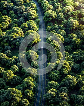 Aerial view of car driving down road in the middle of forest. Generative AI