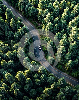 Aerial view of car driving down road in the middle of forest. Generative AI