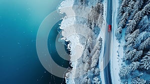 Aerial view of car driving on highway road near the frozen lake and snowy trees. Winter landscape. Generative AI