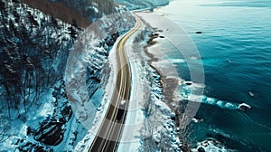 Aerial view of car driving on highway road near the frozen lake and snowy trees. Winter landscape. Generative AI