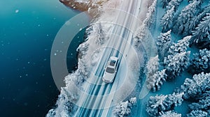 Aerial view of car driving on highway road near the frozen lake and snowy trees. Winter landscape. Generative AI