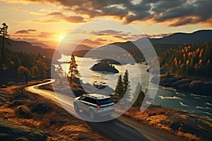 Aerial view of car driving on road by mountain river at sunset, scenic landscape photography