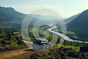 Aerial view of car near mountain river, scenic landscape with vehicle overlooking river