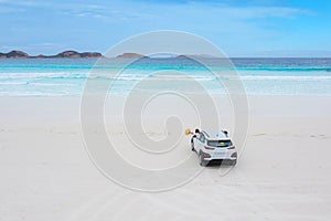 Aerial view of car parking in beach at Lucky Bay in Cape Le Grand National Park, near Esperance, Western Australia, Australia